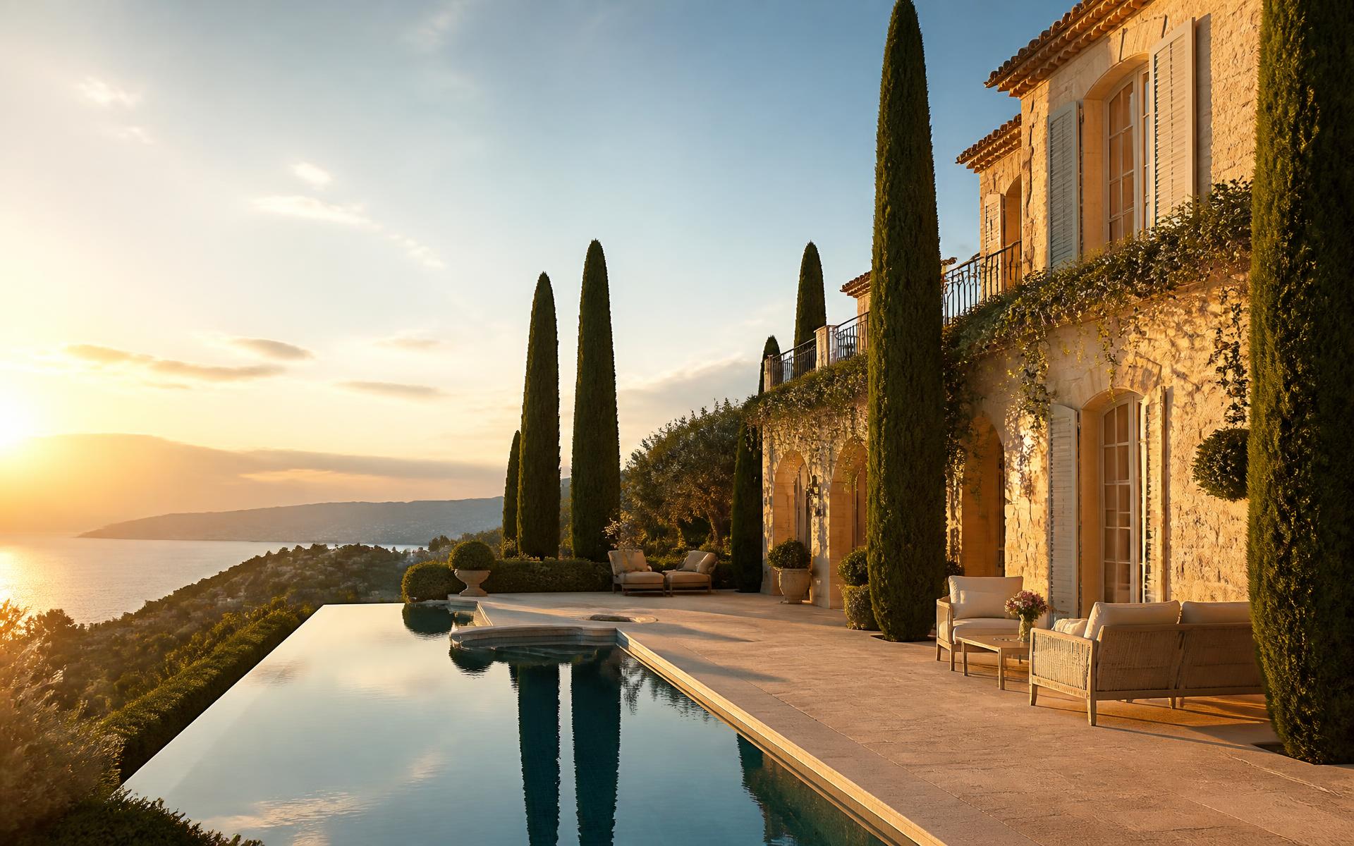 Luxury villa with infinity pool at golden hour in Saint Tropez