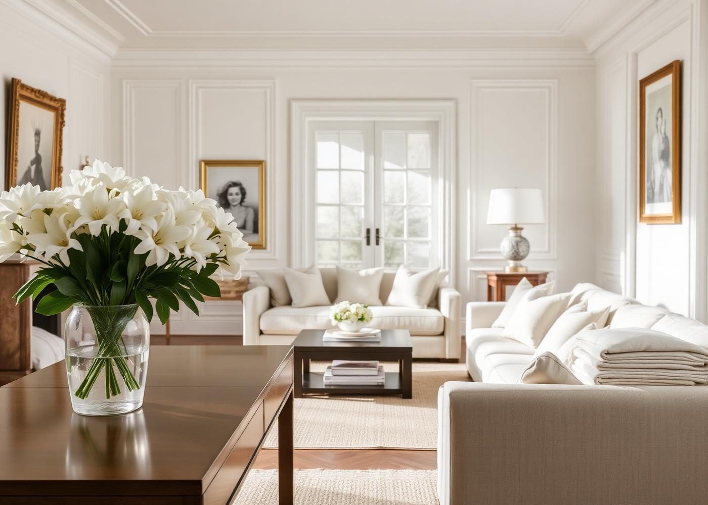 Elegant living room in a Saint Tropez villa prepared with fresh flowers and fresh linens