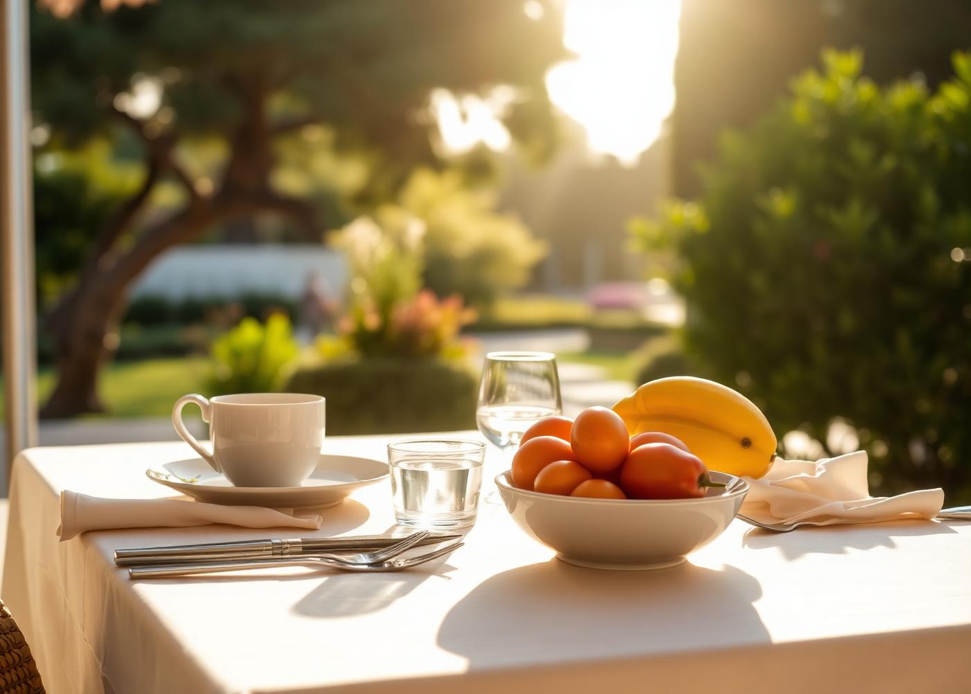 Breakfast table set on a sunlit villa terrace in Saint Tropez